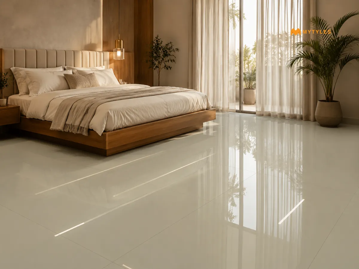 Glossy Green Vitrified Tile in Bedroom Floor